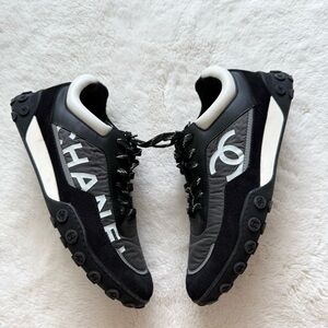 CHANEL CC Logo Black Suede Nylon Trainers Sneakers size 39.5 Authentic